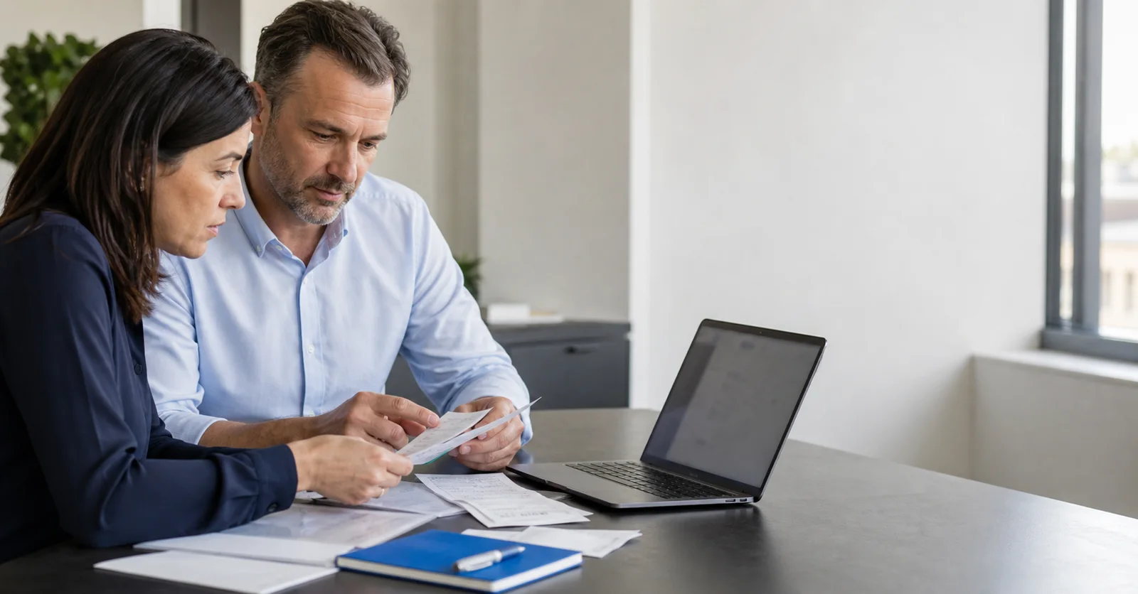 Two accounting professionals reviewing receipts and a transaction list together.